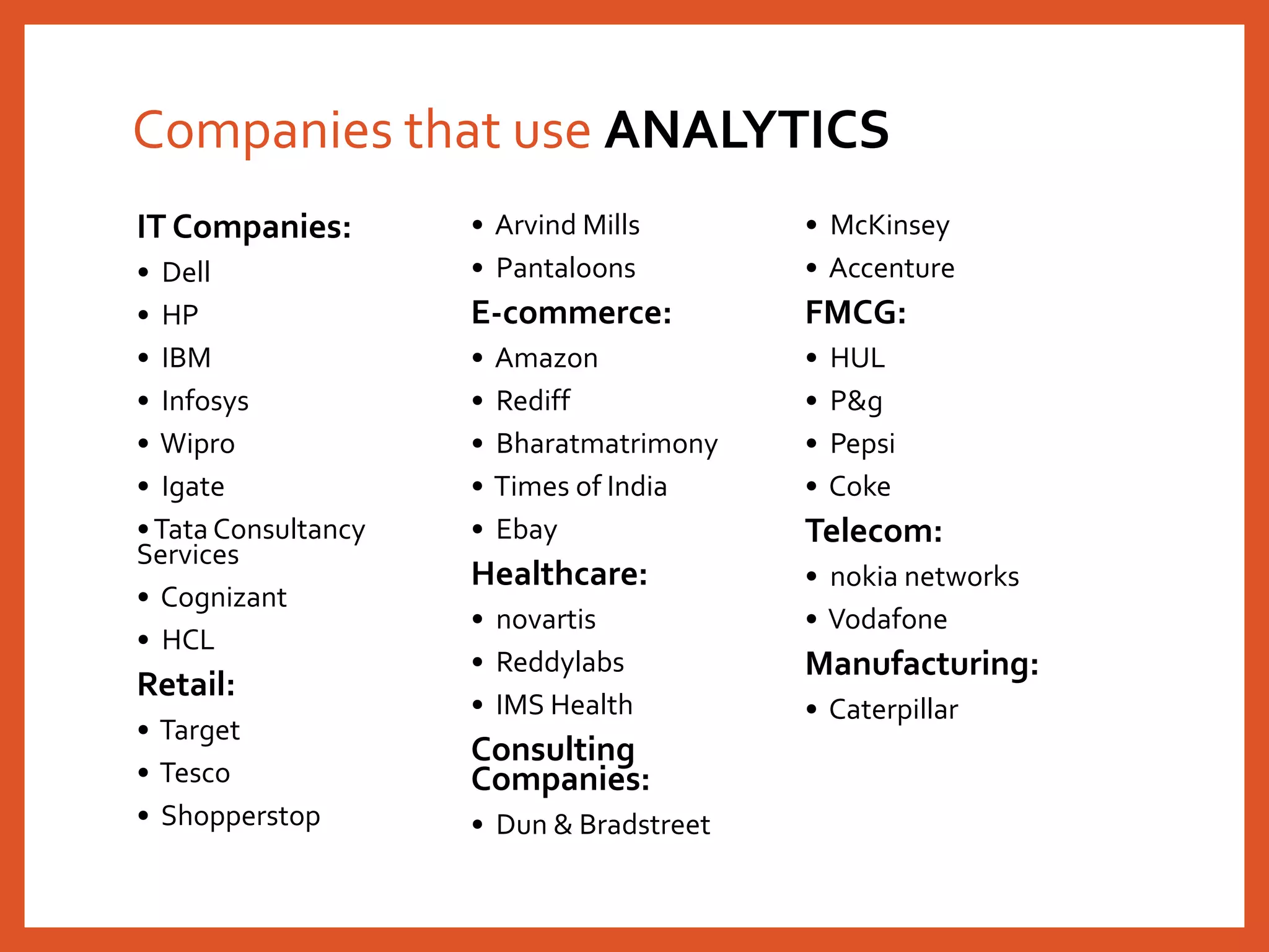 Companies that use ANALYTICS
IT Companies:
• Dell
• HP
• IBM
• Infosys
• Wipro
• Igate
•Tata Consultancy
Services
• Cognizant
• HCL
Retail:
• Target
• Tesco
• Shopperstop
• Arvind Mills
• Pantaloons
E-commerce:
• Amazon
• Rediff
• Bharatmatrimony
• Times of India
• Ebay
Healthcare:
• novartis
• Reddylabs
• IMS Health
Consulting
Companies:
• Dun & Bradstreet
• McKinsey
• Accenture
FMCG:
• HUL
• P&g
• Pepsi
• Coke
Telecom:
• nokia networks
• Vodafone
Manufacturing:
• Caterpillar
 