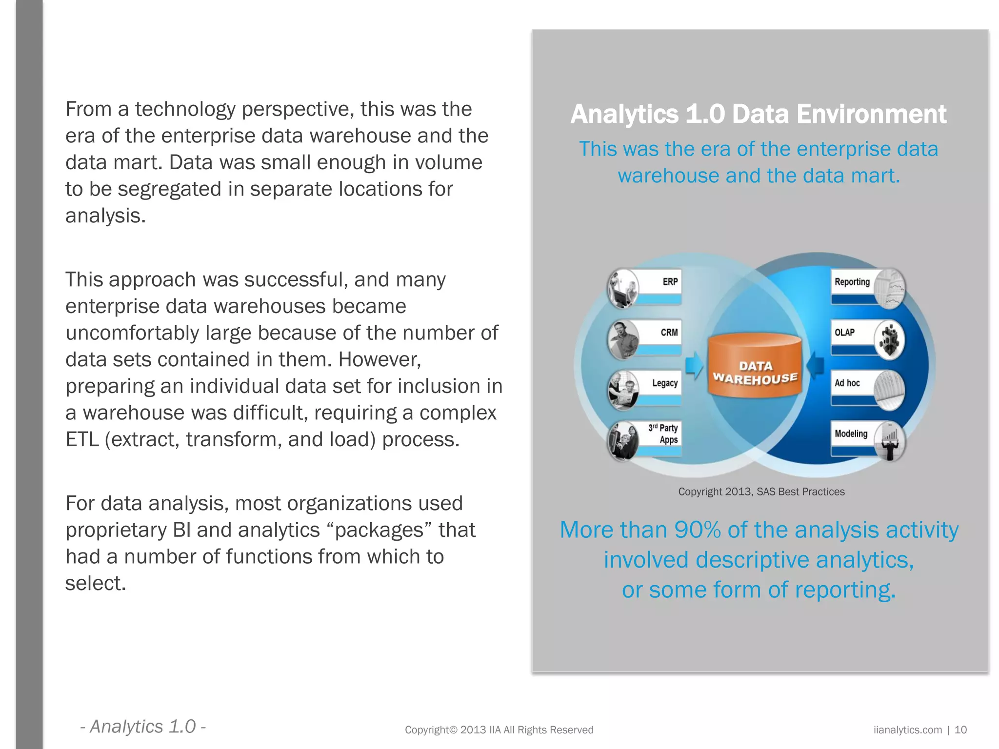Analytics 1.0 Data Environment
This was the era of the enterprise data
warehouse and the data mart.
More than 90% of the analysis activity
involved descriptive analytics,
or some form of reporting.
Copyright© 2013 IIA All Rights Reserved
From a technology perspective, this was the
era of the enterprise data warehouse and the
data mart. Data was small enough in volume
to be segregated in separate locations for
analysis.
This approach was successful, and many
enterprise data warehouses became
uncomfortably large because of the number of
data sets contained in them. However,
preparing an individual data set for inclusion in
a warehouse was difficult, requiring a complex
ETL (extract, transform, and load) process.
For data analysis, most organizations used
proprietary BI and analytics “packages” that
had a number of functions from which to
select.
iianalytics.com | 10
Copyright 2013, SAS Best Practices
- Analytics 1.0 -
 