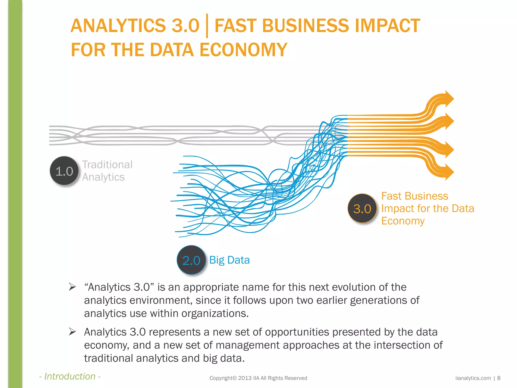 ANALYTICS 3.0│FAST BUSINESS IMPACT
FOR THE DATA ECONOMY
1.0
Traditional
Analytics
Fast Business
Impact for the Data
Economy
Big Data2.0
3.0
Copyright© 2013 IIA All Rights Reserved iianalytics.com | 8
 “Analytics 3.0” is an appropriate name for this next evolution of the
analytics environment, since it follows upon two earlier generations of
analytics use within organizations.
 Analytics 3.0 represents a new set of opportunities presented by the data
economy, and a new set of management approaches at the intersection of
traditional analytics and big data.
- Introduction -
 
