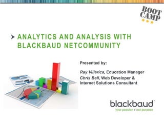 28/08/2013
ANALYTICS AND ANALYSIS WITH
BLACKBAUD NETCOMMUNITY
Presented by:
Ray Villarica, Education Manager
Chris Bell, Web Developer &
Internet Solutions Consultant
 
