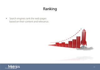 Ranking
•  Search engines rank the web pages
based on their content and relevance.
41
 