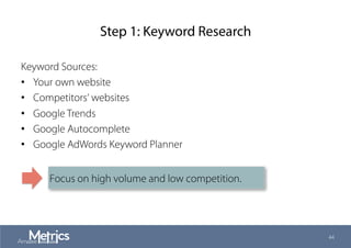 Step 1: Keyword Research
Keyword Sources:
•  Your own website
•  Competitors‘ websites
•  Google Trends
•  Google Autocomplete
•  Google AdWords Keyword Planner
44
Focus on high volume and low competition.
 