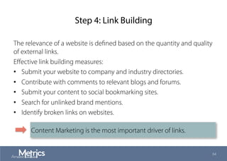 Step 4: Link Building
The relevance of a website is deﬁned based on the quantity and quality
of external links.
Eﬀective link building measures:
•  Submit your website to company and industry directories.
•  Contribute with comments to relevant blogs and forums.
•  Submit your content to social bookmarking sites.
•  Search for unlinked brand mentions.
•  Identify broken links on websites.
64
Content Marketing is the most important driver of links.
 