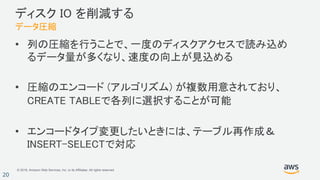 © 2018, Amazon Web Services, Inc. or its Affiliates. All rights reserved.
20
ディスク IO を削減する
データ圧縮
• 列の圧縮を行うことで、一度のディスクアクセスで読み込め
るデータ量が多くなり、速度の向上が見込める
• 圧縮のエンコード (アルゴリズム) が複数用意されており、
CREATE TABLEで各列に選択することが可能
• エンコードタイプ変更したいときには、テーブル再作成＆
INSERT-SELECTで対応
 