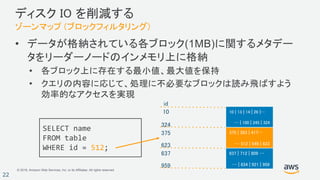 © 2018, Amazon Web Services, Inc. or its Affiliates. All rights reserved.
22
• データが格納されている各ブロック(1MB)に関するメタデー
タをリーダーノードのインメモリ上に格納
• 各ブロック上に存在する最小値、最大値を保持
• クエリの内容に応じて、処理に不必要なブロックは読み飛ばすよう
効率的なアクセスを実現
ディスク IO を削減する
ゾーンマップ (ブロックフィルタリング)
10 | 13 | 14 | 26 |…
… | 100 | 245 | 324
375 | 393 | 417…
… 512 | 549 | 623
637 | 712 | 809 …
… | 834 | 921 | 959
10
324
375
623
637
959
SELECT name 
FROM table
WHERE id = 512;
id
 