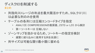 © 2018, Amazon Web Services, Inc. or its Affiliates. All rights reserved.
26
ディスクIOを削減する
まとめ
• 列指向ストレージの利点を最大限活かすため、SQLクエリに
は必要な列のみを使用
• テーブルの各列には圧縮エンコードタイプを指定
• ANALYZE COMPERESSIONの推奨値、ZSTD or LZO から検討
• 第一ソートキーは 圧縮しない
• ゾーンマップを効かせるため、ソートキーの指定を検討
• 頻繁に絞り込みに使用する列を先頭に
• 列サイズは可能な限り最小限に留める
 