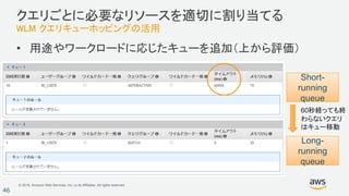 © 2018, Amazon Web Services, Inc. or its Affiliates. All rights reserved.
46
クエリごとに必要なリソースを適切に割り当てる
WLM クエリキューホッピングの活用
• 用途やワークロードに応じたキューを追加（上から評価）
Short-
running
queue
Long-
running
queue
60秒経っても終
わらないクエリ
はキュー移動
 