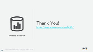© 2018, Amazon Web Services, Inc. or its Affiliates. All rights reserved.
69
Amazon Redshift
Thank You!
https://aws.amazon.com/redshift/
 