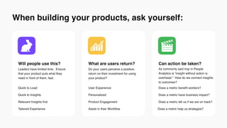 Will people use this? What are users return? Can action be taken?
Leaders have limited time. Ensure
that your product puts...