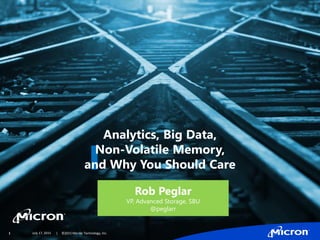 1 | ©2015 Micron Technology, Inc.July 17, 2015
Rob Peglar
VP, Advanced Storage, SBU
@peglarr
Analytics, Big Data,
Non-Volatile Memory,
and Why You Should Care
 