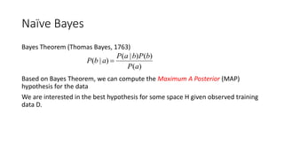 Naïve Bayes
Bayes Theorem (Thomas Bayes, 1763)
Based on Bayes Theorem, we can compute the Maximum A Posterior (MAP)
hypothesis for the data
We are interested in the best hypothesis for some space H given observed training
data D.

P(b | a) 
P(a |b)P(b)
P(a)
 