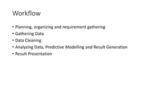 Workflow
• Planning, organizing and requirement gathering
• Gathering Data
• Data Cleaning
• Analyzing Data, Predictive Modelling and Result Generation
• Result Presentation
 