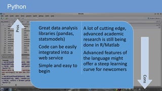 Python
Great data analysis
libraries (pandas,
statsmodels)
Code can be easily
integrated into a
web service
Simple and easy to
begin
A lot of cutting edge,
advanced academic
research is still being
done in R/Matlab
Advanced features of
the language might
offer a steep learning
curve for newcomers
Pros
Cons
 