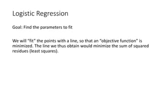 Logistic Regression
Goal: Find the parameters to fit
We will “fit” the points with a line, so that an “objective function” is
minimized. The line we thus obtain would minimize the sum of squared
residues (least squares).
 