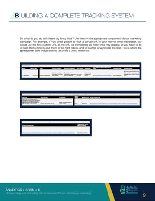 ANALYTICS + BRAIN = $
Understanding and interpreting data to measure ROI and optimize your marketing
9
So what do you do with these big fancy links? Use them in the appropriate component of your marketing
campaign. For example, if you direct people to click a certain link in your internal email newsletter, you
would use the first custom URL as the link. As intimidating as these links may appear, all you have to do
is build them correctly, put them in the right places, and let Google Analytics do the rest. This is where the
spreadsheet (see images below) becomes a useful reference.
B UILDING A COMPLETE TRACKING SYSTEM
 