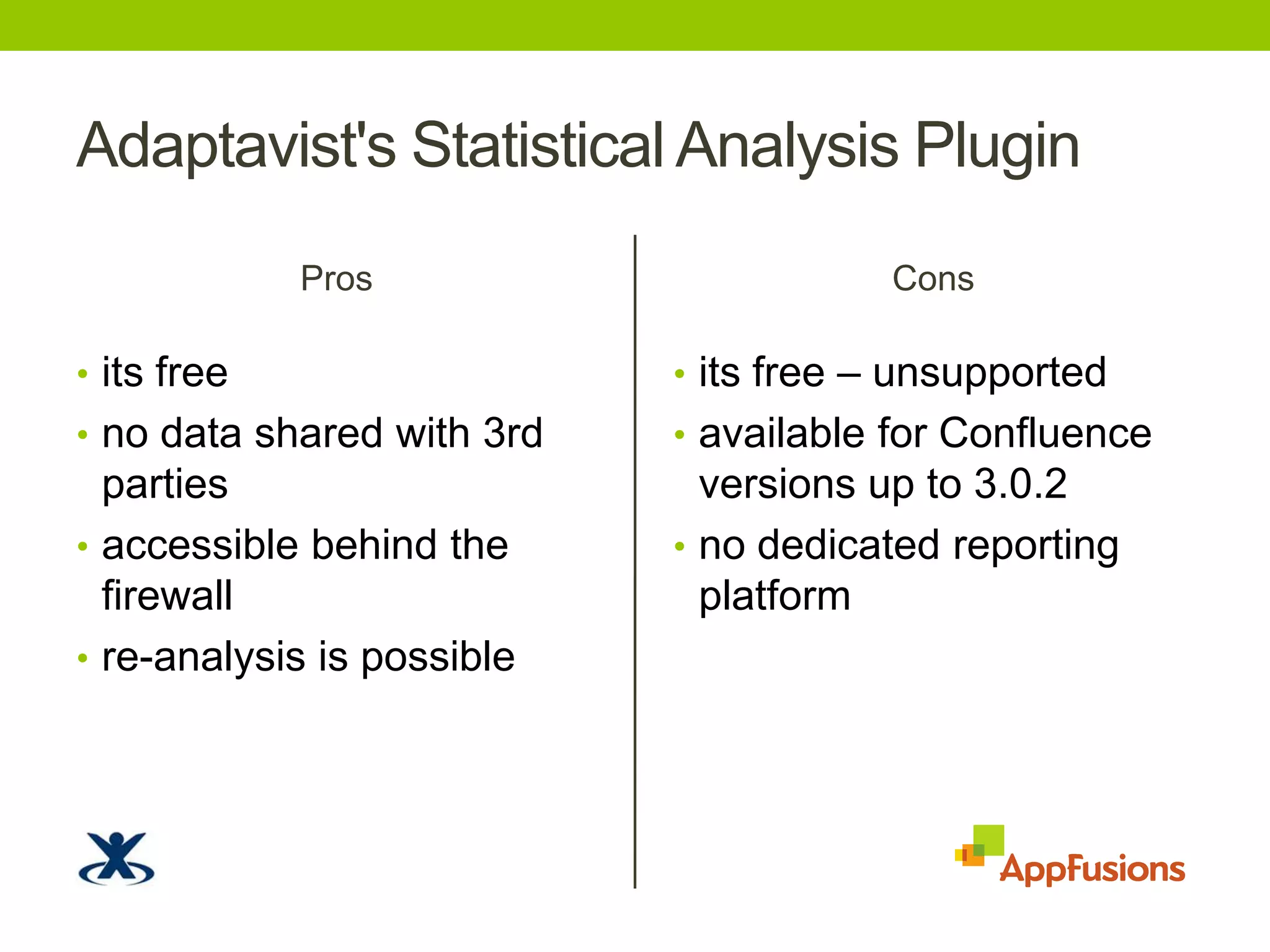 Adaptavist's Statistical Analysis PluginProsits freeno data shared with 3rd partiesaccessible behind the firewallre-analysis is possibleConsits free – unsupportedavailable for Confluence versions up to 3.0.2no dedicated reporting platform