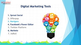 Digital Marketing Tools
1. Sprout Social
2. Offerpop
3. Nanigans
4. Facebook's Power Editor
5. Twitter Platform
6. Marketo
7. AdRoll
 