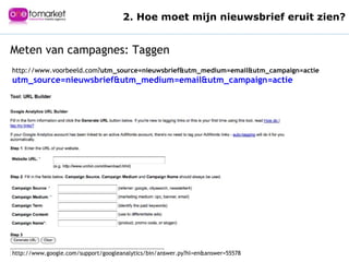 Titel Meten van campagnes: Taggen http://www.google.com/support/googleanalytics/bin/answer.py?hl=en&answer=55578 http://www.voorbeeld.com? utm_source=nieuwsbrief&utm_medium=email&utm_campaign=actie http://www.voorbeeld.com? utm_source=nieuwsbrief&utm_medium=email&utm_campaign=actie 2. Hoe moet mijn nieuwsbrief eruit zien? 