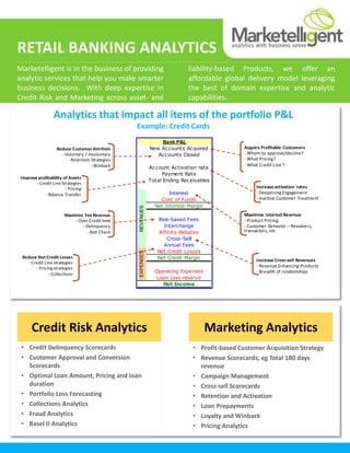 • Profit-based Customer Acquisition Strategy
• Revenue Scorecards; eg Total 180 days
revenue
• Campaign Management
• Cross-sell Scorecards
• Retention and Activation
• Loan Prepayments
• Loyalty and Winback
• Pricing Analytics
• Credit Delinquency Scorecards
• Customer Approval and Conversion
Scorecards
• Optimal Loan Amount, Pricing and loan
duration
• Portfolio Loss Forecasting
• Collections Analytics
• Fraud Analytics
• Basel II Analytics
Credit Risk Analytics Marketing Analytics
Analytics that impact all items of the portfolio P&L
Example: Credit Cards
RETAIL BANKING ANALYTICS
Marketelligent is in the business of providing
analytic services that help you make smarter
business decisions. With deep expertise in
Credit Risk and Marketing across asset- and
liability-based Products, we offer an
affordable global delivery model leveraging
the best of domain expertise and analytic
capabilities.
New Accounts Acquired
Accounts Closed
Account Activation rate
Payment Rate
Total Ending Receivables
Interest
Cost of Funds
Net Interest Margin
Risk-based Fees
Interchange
Affinity Rebates
Cross-Sell
Annual Fees
Net Credit Losses
Net Credit Margin
Operating Expenses
Loan Loss reserve
Net Income
REVENUESEXPENSES Bank P&L
Reduce Customer Attrition
- Voluntary / Involuntary
- Retention Strategies
- Winback
Improve profitability of Assets
- Credit Line Strategies
- Pricing
- Balance Transfer
Maximize Fee Revenue
- Over Credit limit
- Delinquency
- Bad Check
Reduce Net Credit Losses
- Credit Line strategies
- Pricingstrategies
- Collections
Acquire Profitable Customers
- Whom to approve/decline?
- What Pricing?
- What Credit Line ?
Increase activation rates
- DeepeningEngagement
- Inactive Customer Treatment
Maximize Interest Revenue
- Product Pricing
- Customer Behavior – Revolvers,
transactors, etc
Increase Cross-sell Revenues
- Revenue Enhancing Products
- Breadth of relationships
 
