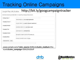 Tracking Online Campaigns 
http://bit.ly/googcampaigntracker 
www.sample.com/?utm_source=B2BLists&utm_medium=Pos 
tcards&utm_campaign=50%25%20off 
 