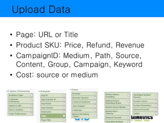 Upload Data 
• Page: URL or Title 
• Product SKU: Price, Refund, Revenue 
• CampaignID: Medium, Path, Source, 
Content, Group, Campaign, Keyword 
• Cost: source or medium 
 
