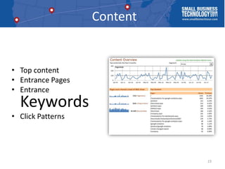 Content<br />Top content<br />Entrance Pages<br />Entrance Keywords<br />Click Patterns<br />23<br />