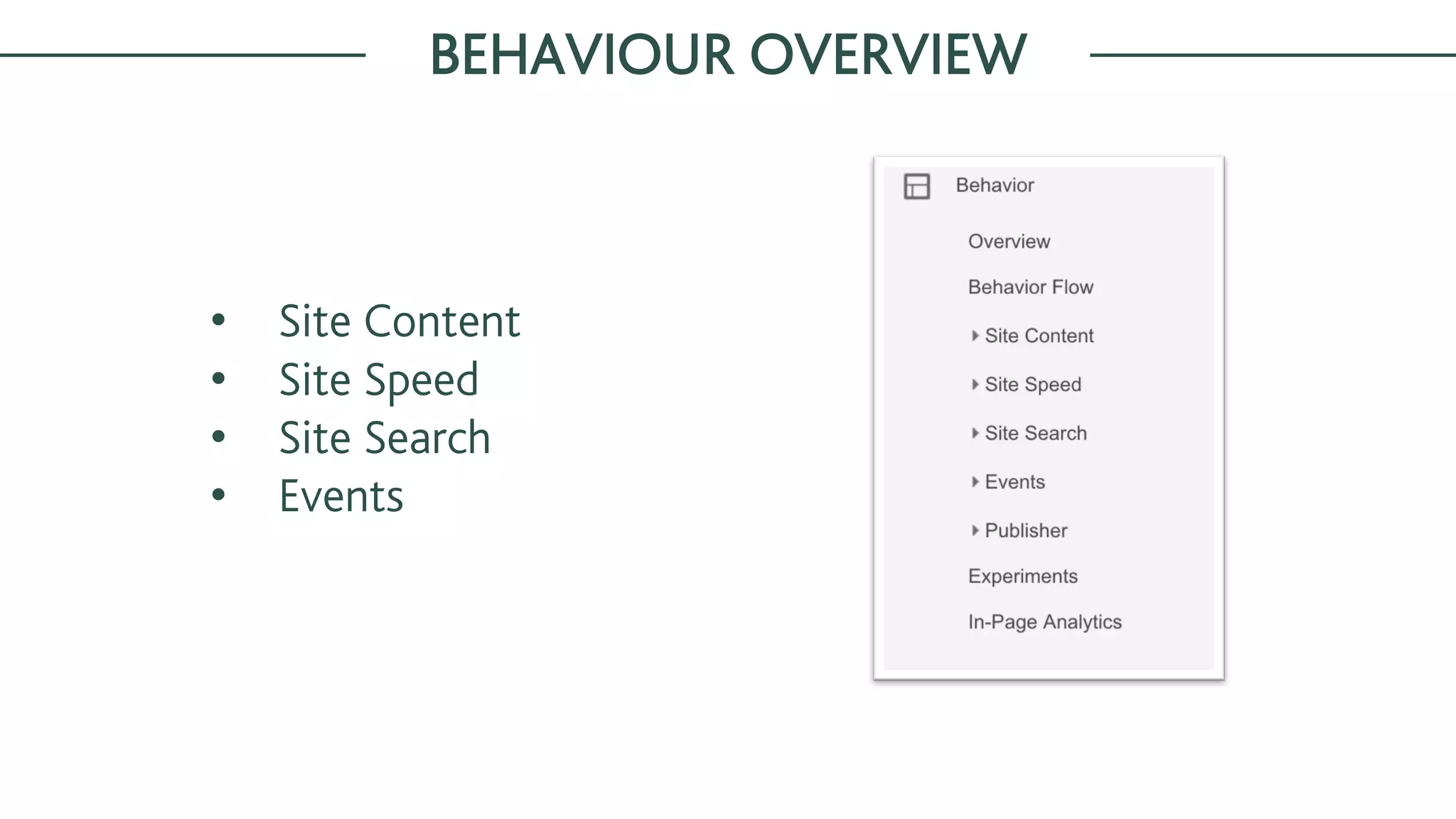 • Site Content
• Site Speed
• Site Search
• Events
BEHAVIOUR OVERVIEW
 