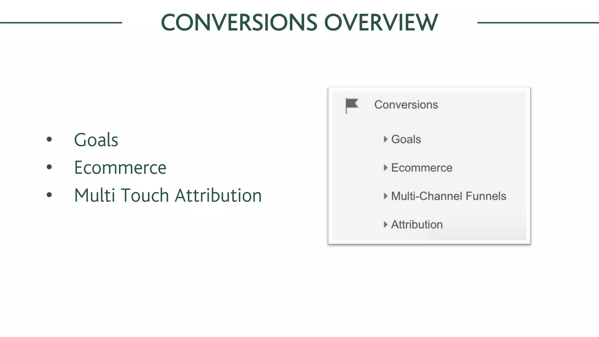 • Goals
• Ecommerce
• Multi Touch Attribution
CONVERSIONS OVERVIEW
 