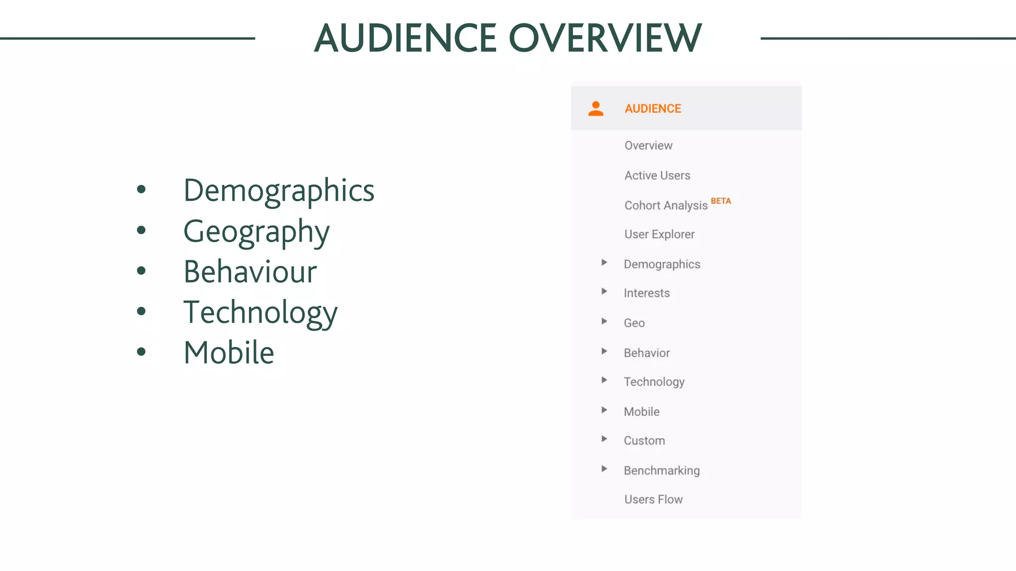 • Demographics
• Geography
• Behaviour
• Technology
• Mobile
AUDIENCE OVERVIEW
 
