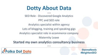 Dotty About Data
SEO Role - Discovered Google Analytics
PPC and SEO role
Analytics specialist within agency
Lots of bloggi...