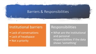 Barriers & Responsibilities
Institutional barriers
• Lack of conversations
• Lack of headspace
• Not a priority
Responsibilities
• What are the institutional
and personal
responsibilities if the data
shows ‘something’
 