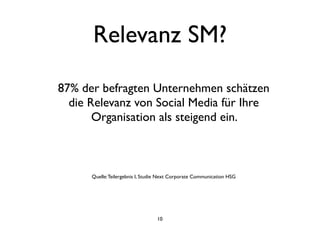 Relevanz SM?
10
87% der befragten Unternehmen schätzen
die Relevanz von Social Media für Ihre
Organisation als steigend ein.
Quelle:Teilergebnis I, Studie Next Corporate Communication HSG
 