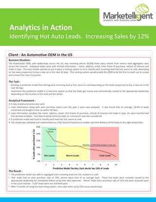 Analytics in Action
Identifying Hot Auto Leads. Increasing Sales by 12%

Client : An Automotive OEM in the US
Business Situation :
The Automotive OEM, with dealerships across the US, was receiving almost 30,000 leads every month from various lead aggregator sites
across the internet. Individual leads came with limited information – name, address, email, time frame of purchase, vehicle of interest and
trade-in type. The auto retailer wanted to put in place a ranking system so as to classify each incoming lead into hot, warm or cold; depending
on the leads propensity to buy a new car in the next 30 days. This ranking system would enable the OEM to be the first to reach out to a Lead
and convert him into a Customer.

The Task :
- Develop a predictive model that will tag each incoming lead as hot; warm or cold depending on the leads propensity to buy a new car in the
  next 30 days
- Implement the predictive model in a real-time system so that hot leads get scored and automatically routed to the appropriate dealership
  depending on the location of the lead and the dealer

Analytical Framework :
A 4-step analytical process was used:
1. Lead information along with auto purchase status over the past 2 years was analyzed. It was found that on average, 10.9% of leads
   converted and bought a new car within 30 days.
2. Lead information variables like name, address, email, time frame of purchase, vehicle of interest and trade-in type, etc were transformed
   into derived variables. Text data entered online by leads as ‘comments’ was also considered.
3. A predictive model was built to classify each lead into hot, warm or cold.
4. The model was validated and implemented as a SQL Stored Procedure to enable real-time delivery of hot leads to the right dealerships.
                                                      25%
                                                                 Predictive
                        % Leads who purchased a Car




                                                                 Model
                                                      20%


                                                      15%
                                                                                                  Random; 10.9% leads bought a new car
                                                      10%


                                                      5%
                                                            Hot Leads             Warm Leads                        Cold Leads

                                                      0%
                                                             1         2      3      4      5       6       7       8        9       10
                                                                      Predictive Model Deciles; Each decile has 10% of Leads
The Result :
• The predictive model was able to segregate each incoming lead into hot, medium or cold.
• ‘Hot’ leads had an auto purchase rate of 19%; almost twice that of an average lead. These hot leads were instantly routed to the
  appropriate dealership for immediate follow-up by their best salesmen. ‘Warm’ leads had a purchase rate of 11% and were actioned upon
  in the usual manner. ‘Cold’ leads were not actioned upon.
• After 3 months of using the lead rating system, auto sales went up by 12% across dealerships.
 