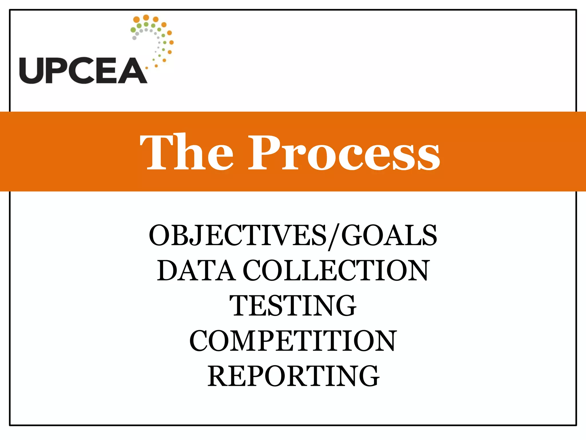 OBJECTIVES/GOALS 
DATA COLLECTION 
TESTING 
COMPETITION 
REPORTING 
The Process  
