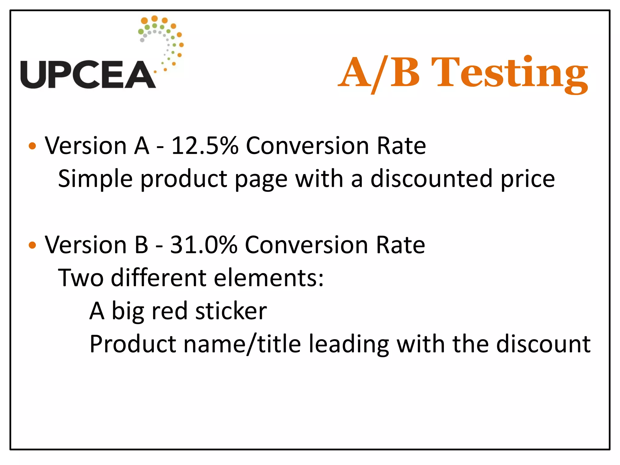 A/B Testing 
• Version A - 12.5% Conversion Rate 
Simple product page with a discounted price 
• Version B - 31.0% Conversion Rate 
Two different elements: 
A big red sticker 
Product name/title leading with the discount 
 