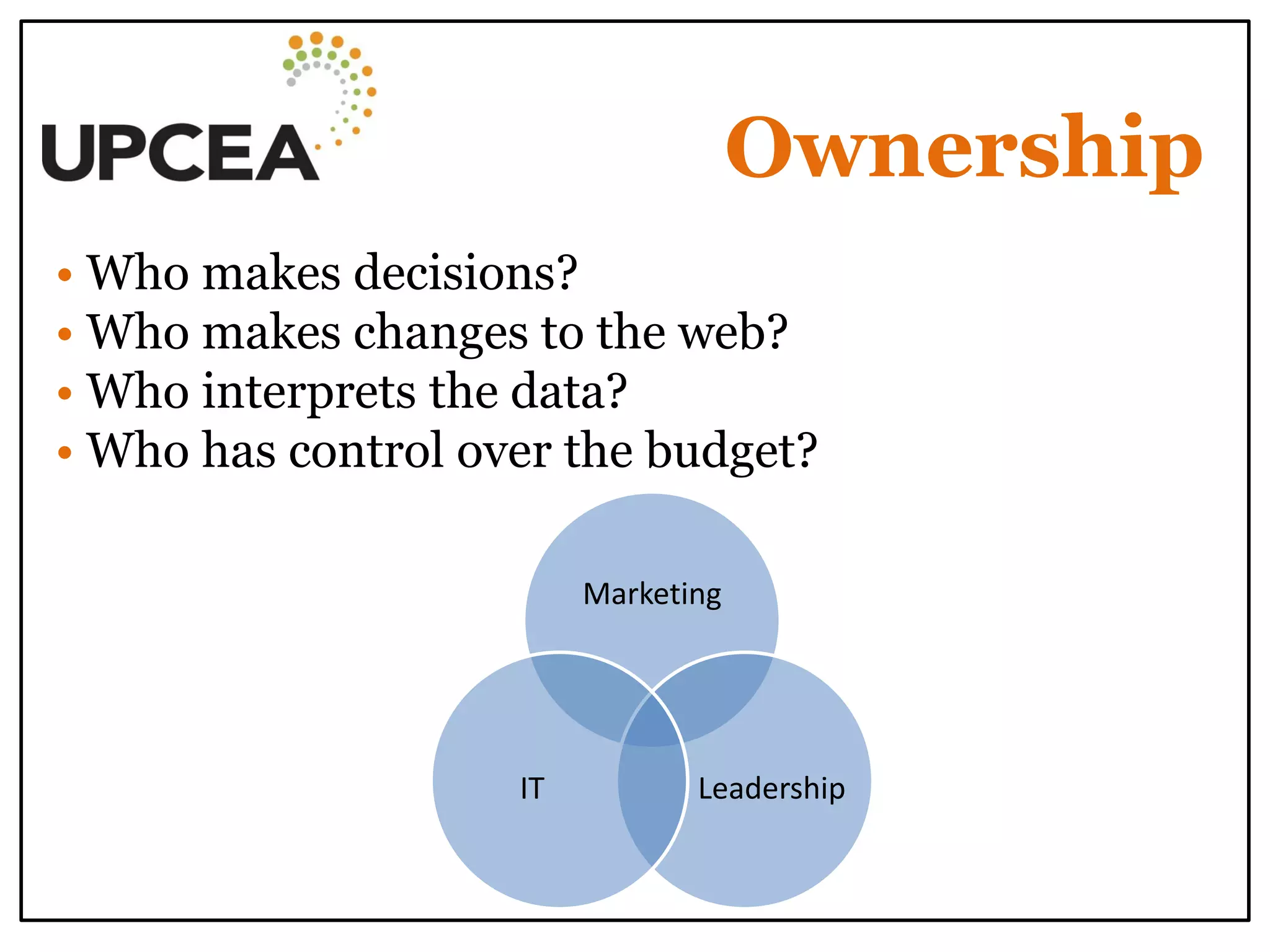 Ownership 
• Who makes decisions? 
• Who makes changes to the web? 
• Who interprets the data? 
• Who has control over the budget? 
Marketing 
Leadership 
IT  