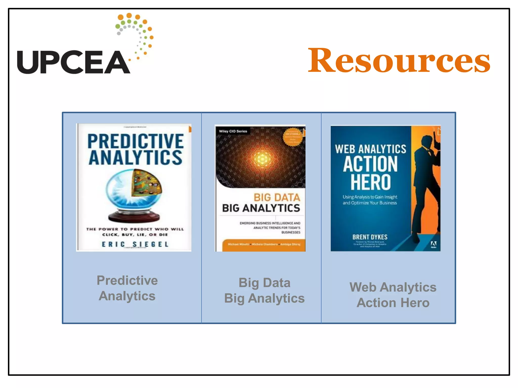 Resources 
Predictive Analytics 
Big Data Big Analytics 
Web Analytics Action Hero  