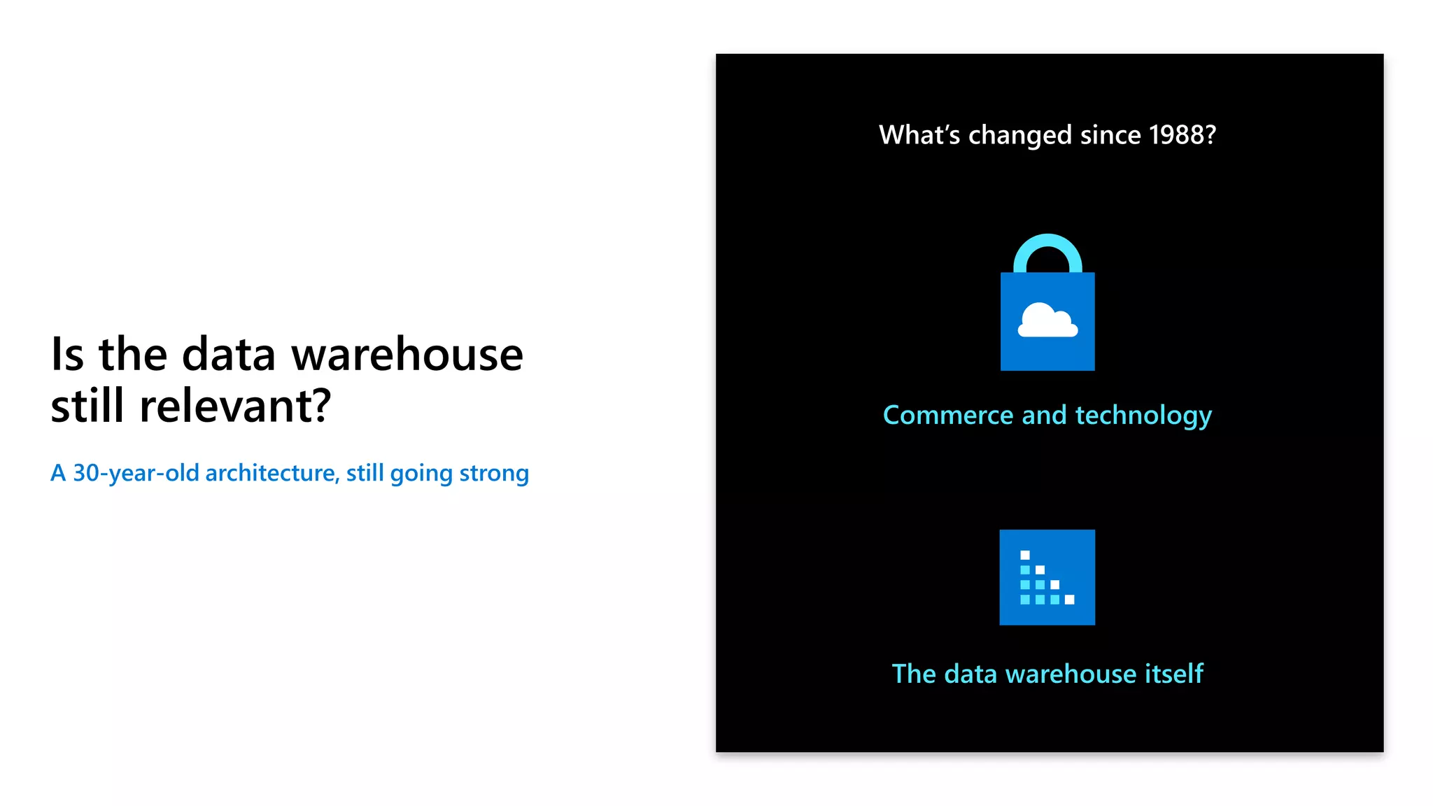 Is the data warehouse
still relevant?
What’s changed since 1988?
A 30-year-old architecture, still going strong
Commerce and technology
The data warehouse itself
 