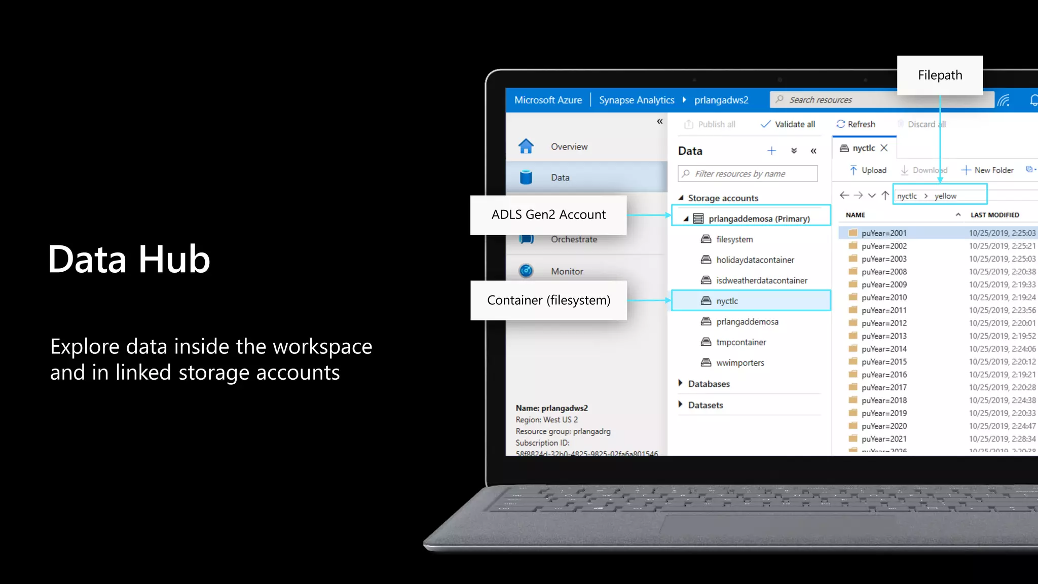Explore data inside the workspace
and in linked storage accounts
Data Hub
ADLS Gen2 Account
Container (filesystem)
Filepath
 