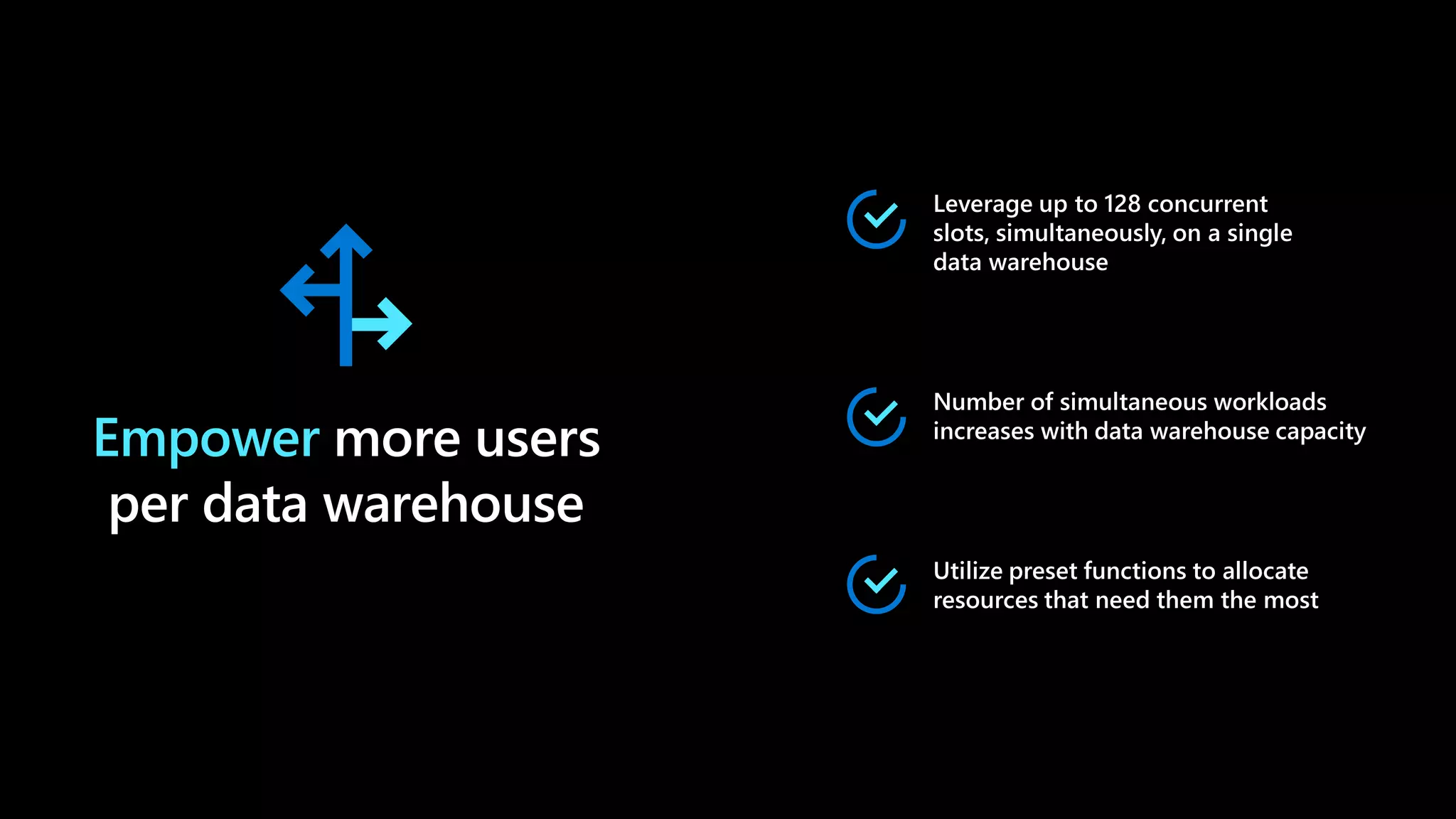 Empower more users
per data warehouse
Leverage up to 128 concurrent
slots, simultaneously, on a single
data warehouse
Number of simultaneous workloads
increases with data warehouse capacity
Utilize preset functions to allocate
resources that need them the most
 