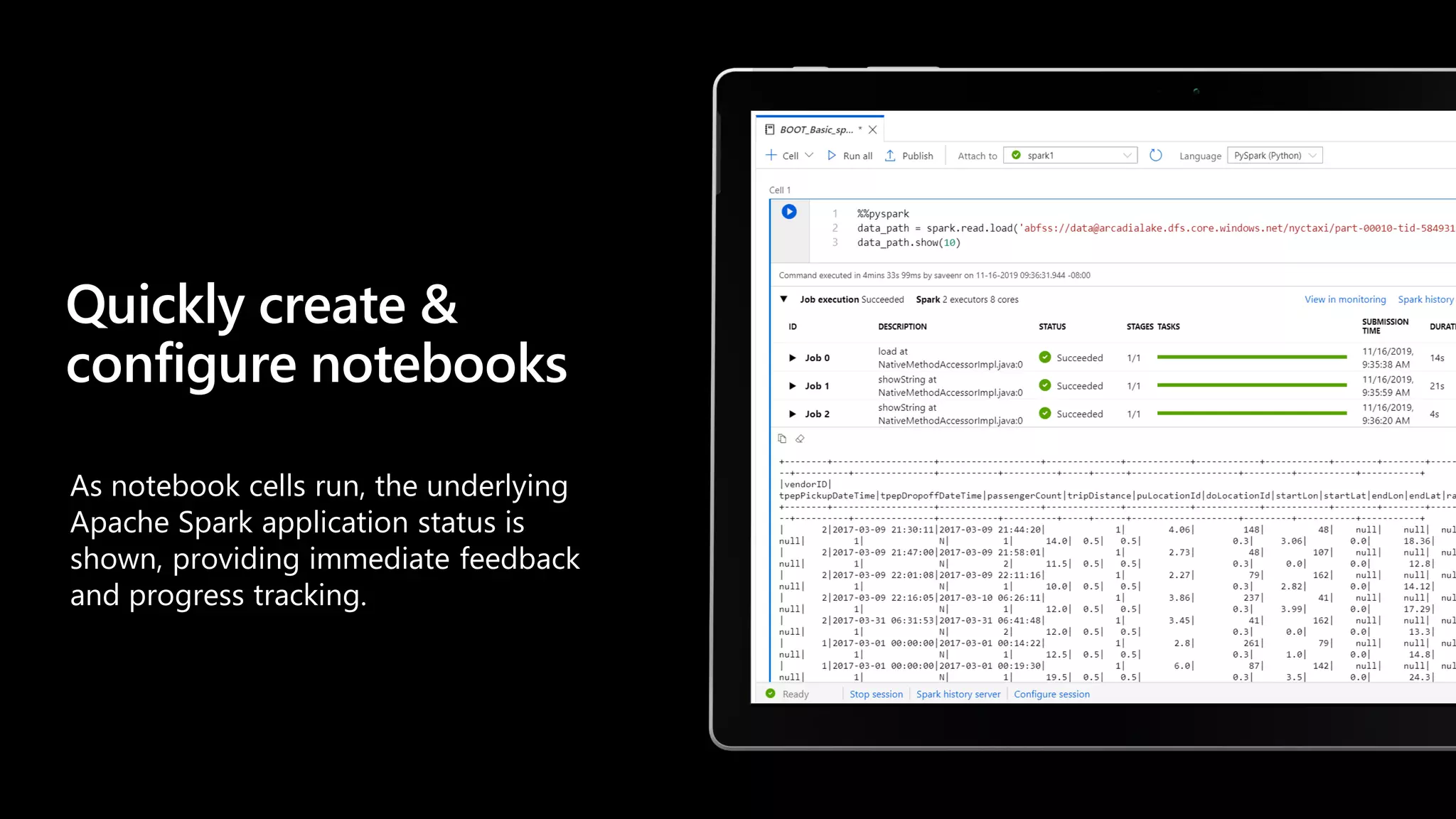 As notebook cells run, the underlying
Apache Spark application status is
shown, providing immediate feedback
and progress tracking.
Quickly create &
configure notebooks
 