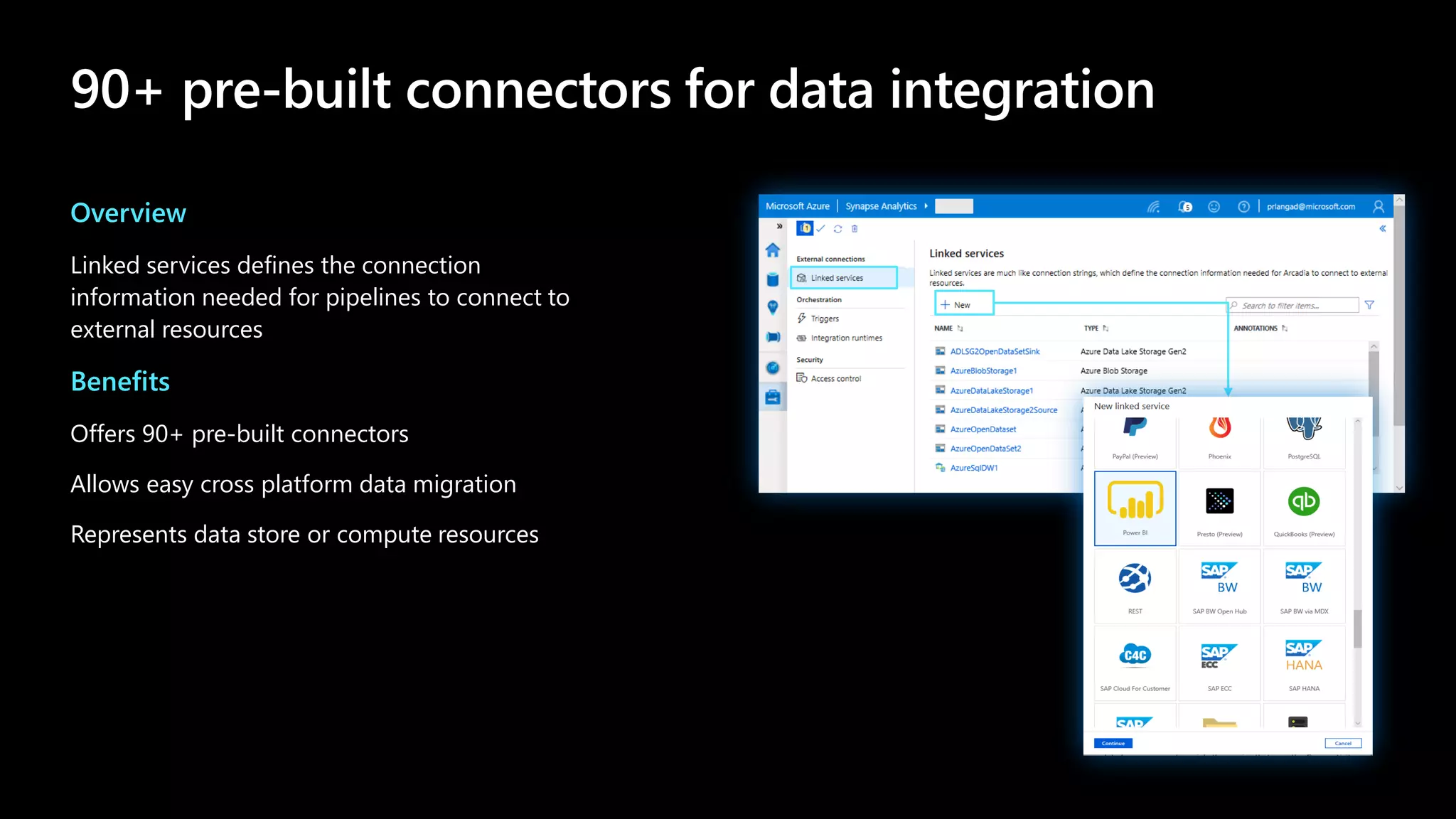 Overview
Linked services defines the connection
information needed for pipelines to connect to
external resources
Benefits
Offers 90+ pre-built connectors
Allows easy cross platform data migration
Represents data store or compute resources
 