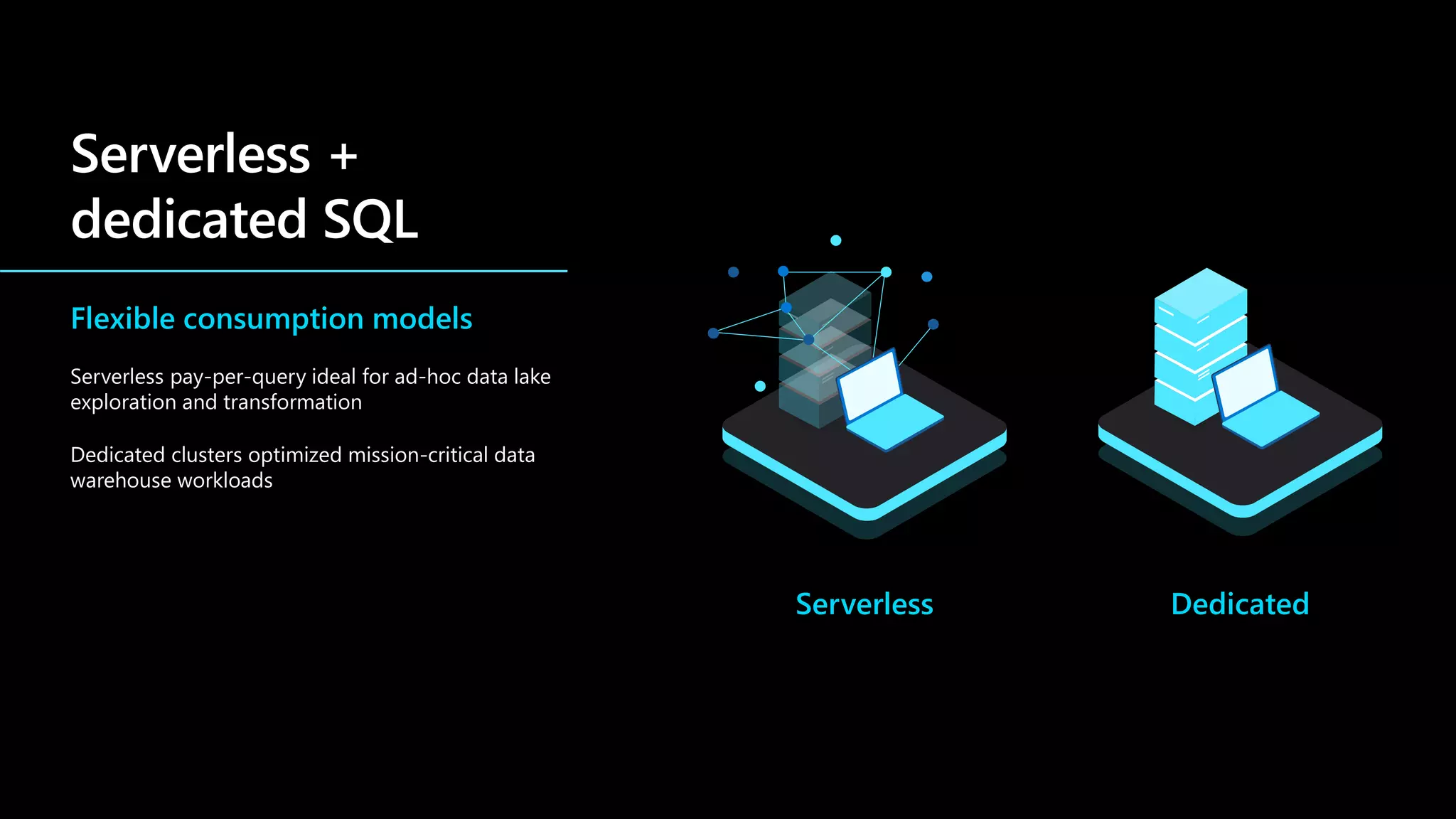 Flexible consumption models
Serverless pay-per-query ideal for ad-hoc data lake
exploration and transformation
Dedicated clusters optimized mission-critical data
warehouse workloads
Serverless Dedicated
 
