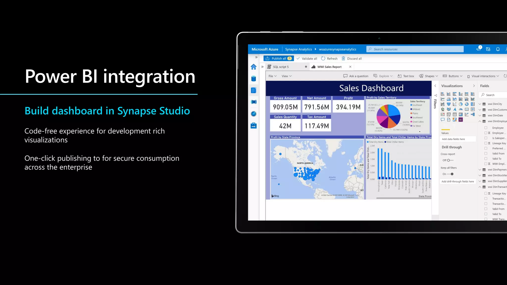 Build dashboard in Synapse Studio
Code-free experience for development rich
visualizations
One-click publishing to for secure consumption
across the enterprise
 