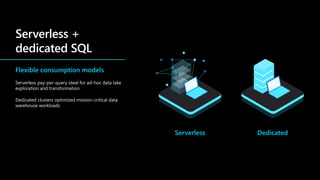 Flexible consumption models
Serverless pay-per-query ideal for ad-hoc data lake
exploration and transformation
Dedicated clusters optimized mission-critical data
warehouse workloads
Serverless Dedicated
 