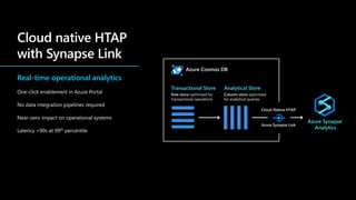 Real-time operational analytics
One-click enablement in Azure Portal
No data integration pipelines required
Near-zero impact on operational systems
Latency <90s at 99th percentile
Azure Cosmos DB
Analytical Store
Column store optimized
for analytical queries
Transactional Store
Row store optimized for
transactional operations
Azure Synapse
Analytics
Cloud-Native HTAP
Azure Synapse Link
 