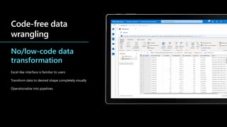 No/low-code data
transformation
Excel-like interface is familiar to users
Transform data to desired shape completely visually
Operationalize into pipelines
Code-free data
wrangling
 