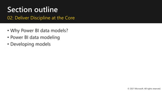 Section outline
02: Deliver Discipline at the Core
• Why Power BI data models?
• Power BI data modeling
• Developing models
© 2021 Microsoft. All rights reserved.
 
