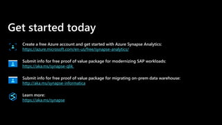 Get started today
Create a free Azure account and get started with Azure Synapse Analytics:
https://azure.microsoft.com/en-us/free/synapse-analytics/
Submit info for free proof of value package for modernizing SAP workloads:
https://aka.ms/synapse-qlik
Submit info for free proof of value package for migrating on-prem data warehouse:
http://aka.ms/synapse-informatica
Learn more:
https://aka.ms/synapse
 