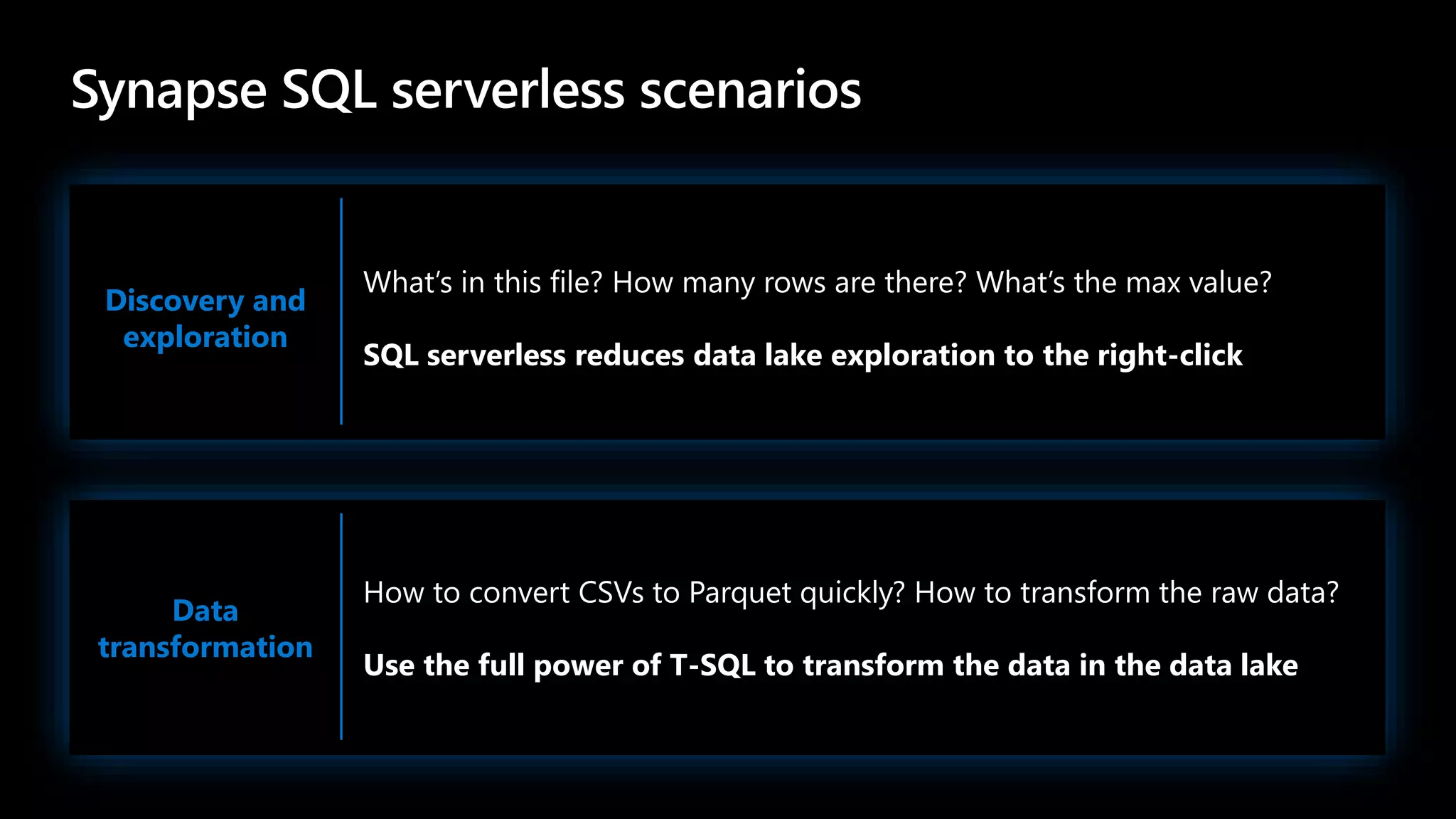 Discovery and
exploration
What’s in this file? How many rows are there? What’s the max value?
SQL serverless reduces data lake exploration to the right-click
Data
transformation
How to convert CSVs to Parquet quickly? How to transform the raw data?
Use the full power of T-SQL to transform the data in the data lake
 